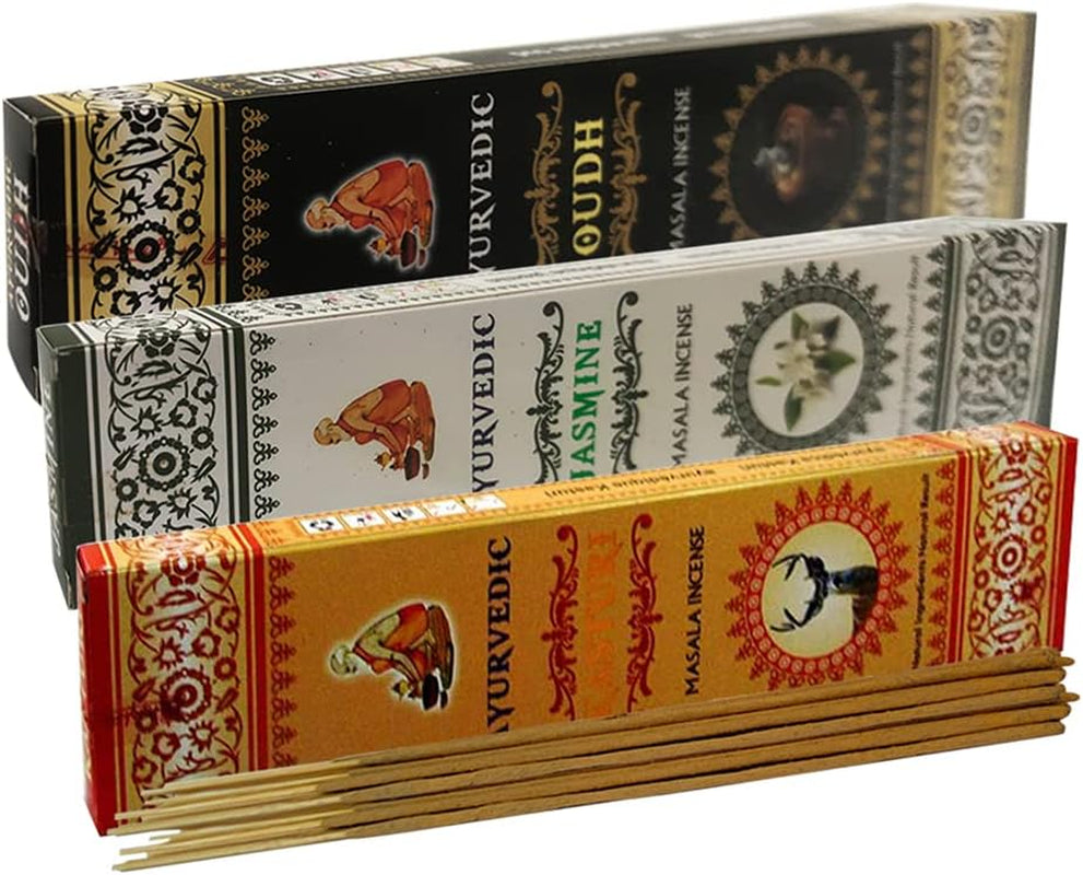 Ayurvedic Incense Sticks Variety Pack #4 and Ash Catcher Bundle with 6 Popular Fragrances