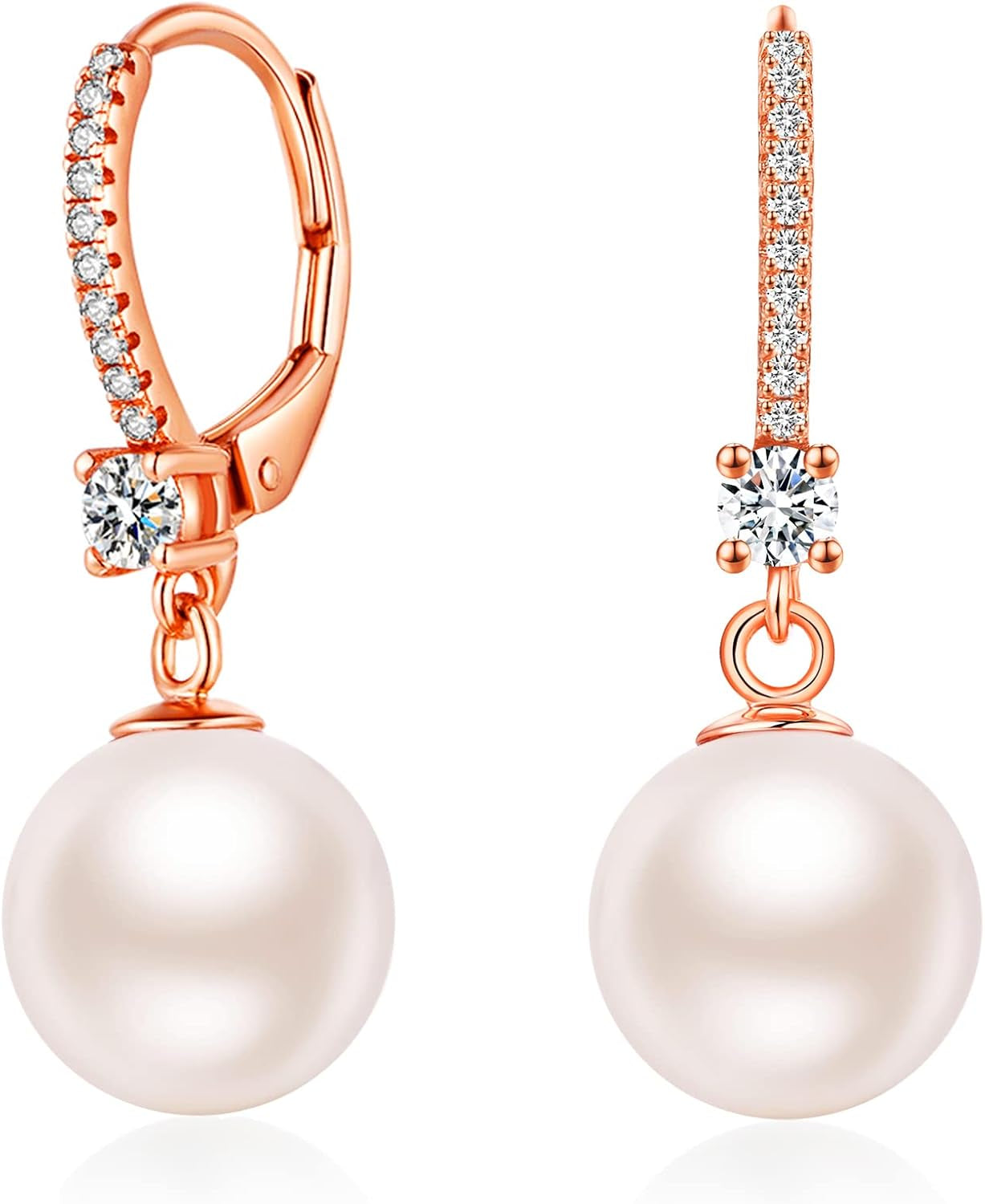 Jiamiao Sterling Silver Pearl Drop Earrings - 10Mm Black/Pearl and Diamond Dangle Leverback Earrings for Women