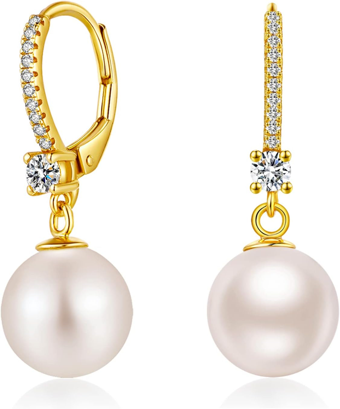 Jiamiao Sterling Silver Pearl Drop Earrings - 10Mm Black/Pearl and Diamond Dangle Leverback Earrings for Women