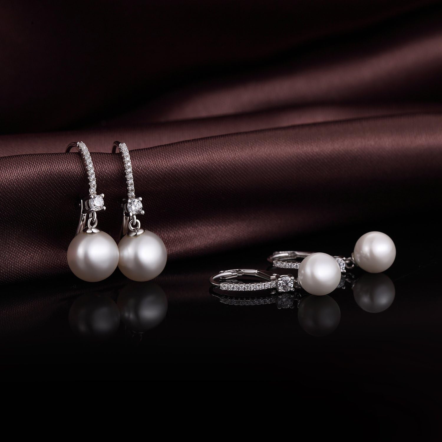 Jiamiao Sterling Silver Pearl Drop Earrings - 10Mm Black/Pearl and Diamond Dangle Leverback Earrings for Women