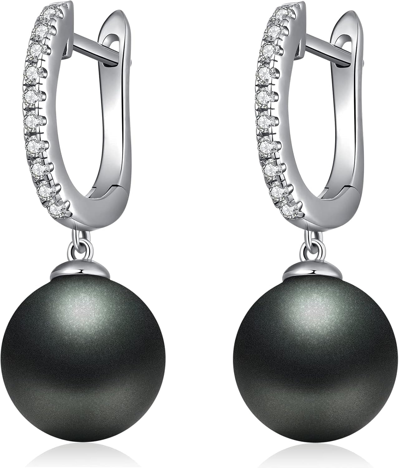 Jiamiao Sterling Silver Pearl Drop Earrings - 10Mm Black/Pearl and Diamond Dangle Leverback Earrings for Women
