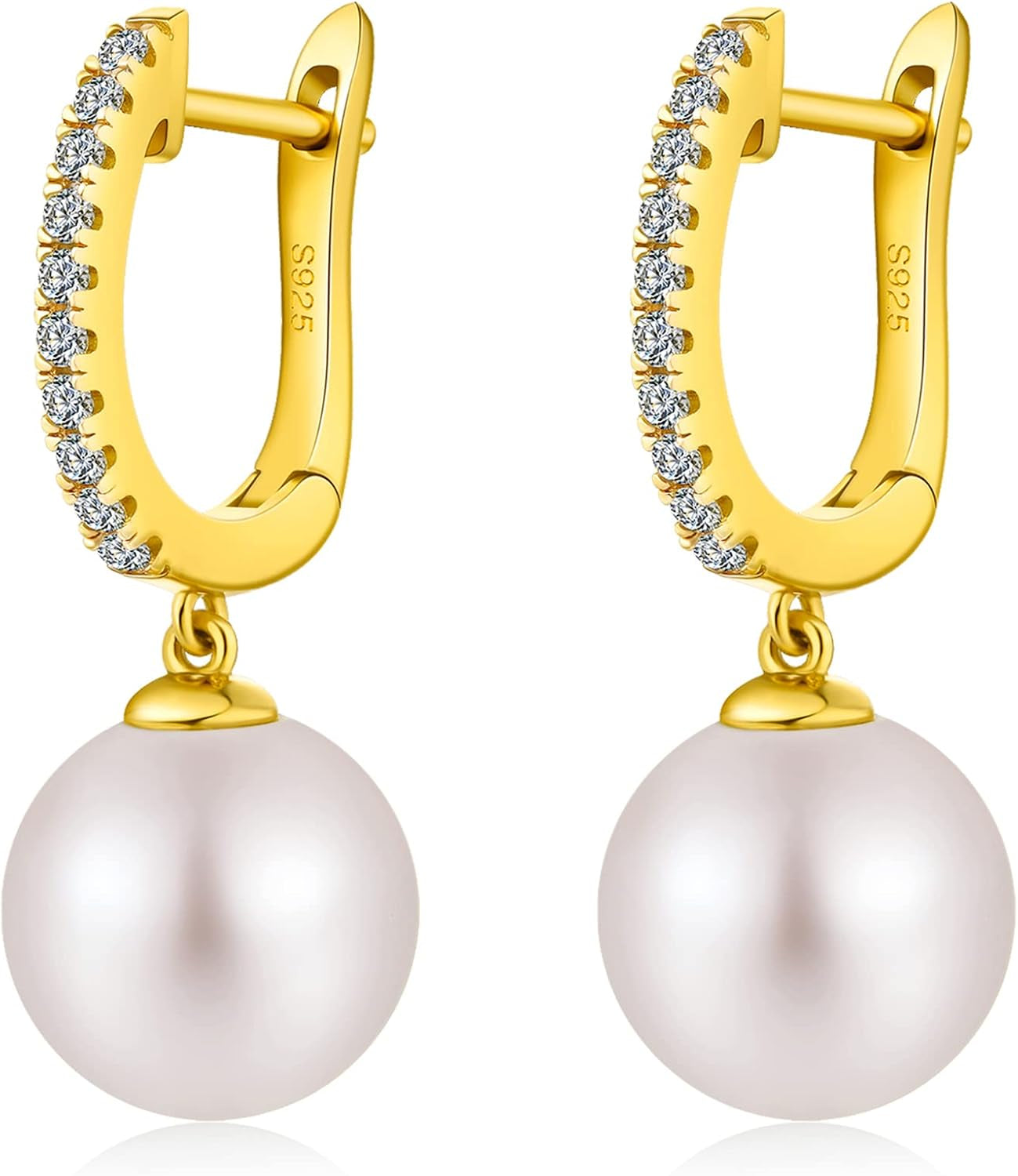 Jiamiao Sterling Silver Pearl Drop Earrings - 10Mm Black/Pearl and Diamond Dangle Leverback Earrings for Women