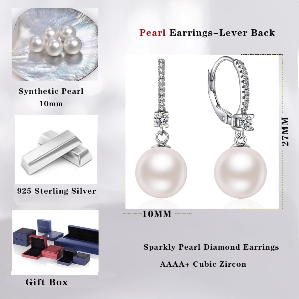 Jiamiao Sterling Silver Pearl Drop Earrings - 10Mm Black/Pearl and Diamond Dangle Leverback Earrings for Women