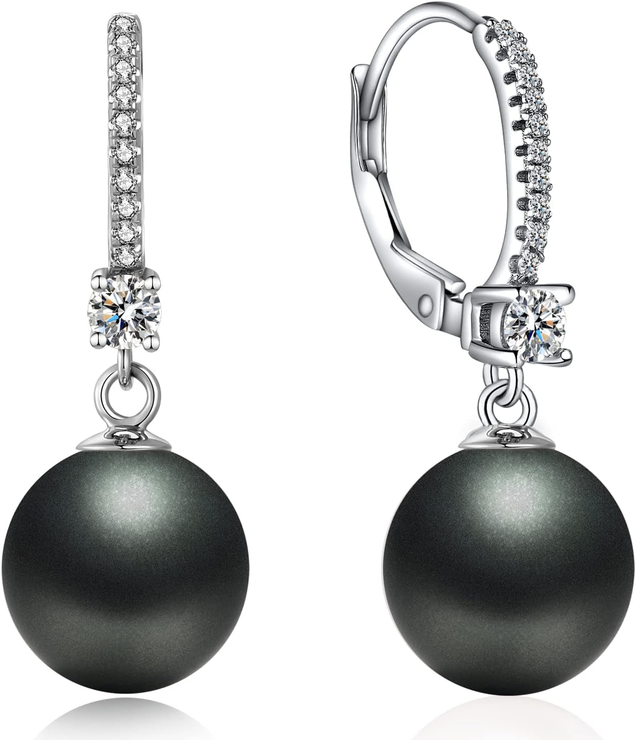 Jiamiao Sterling Silver Pearl Drop Earrings - 10Mm Black/Pearl and Diamond Dangle Leverback Earrings for Women