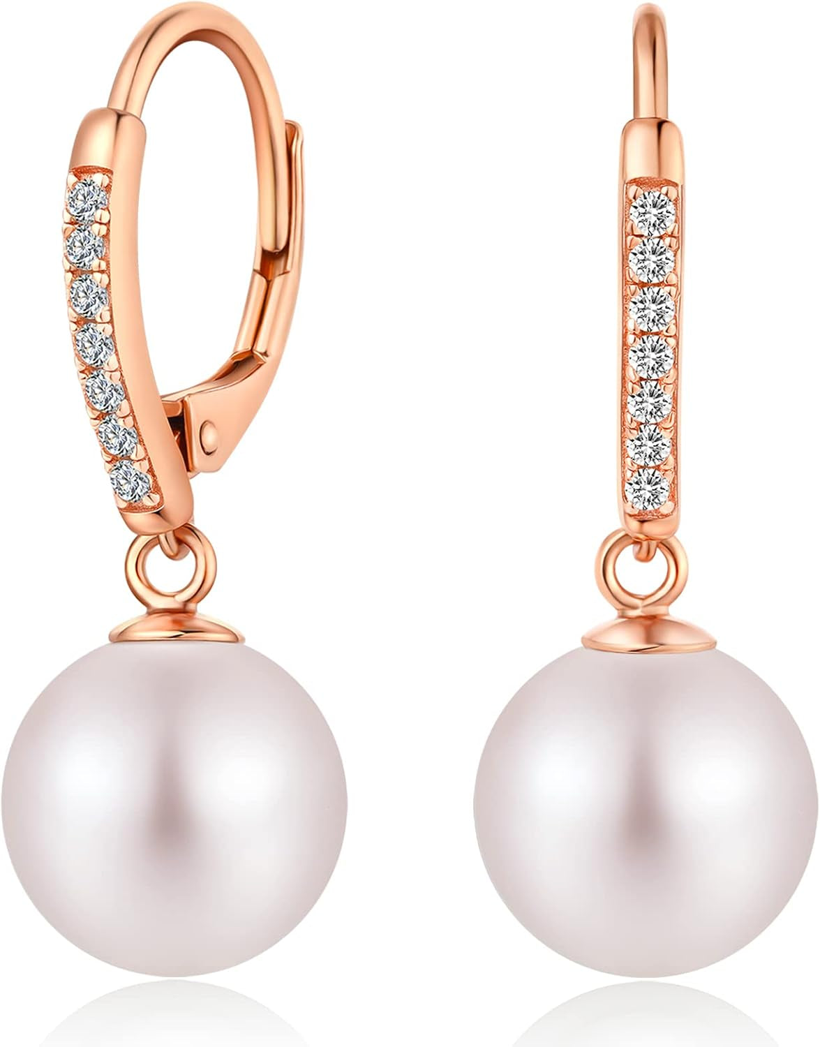 Jiamiao Sterling Silver Pearl Drop Earrings - 10Mm Black/Pearl and Diamond Dangle Leverback Earrings for Women