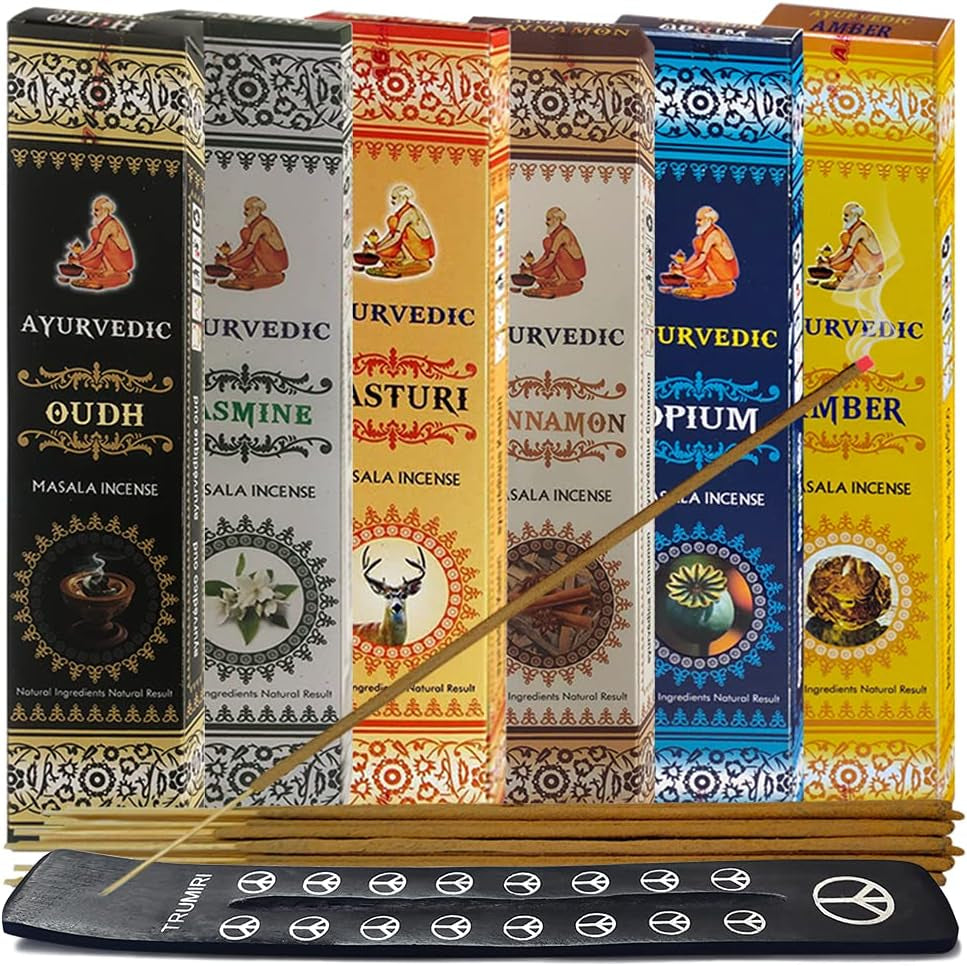Ayurvedic Incense Sticks Variety Pack #4 and Ash Catcher Bundle with 6 Popular Fragrances