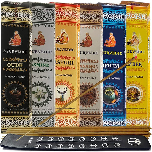 Ayurvedic Incense Sticks Variety Pack #4 and Ash Catcher Bundle with 6 Popular Fragrances