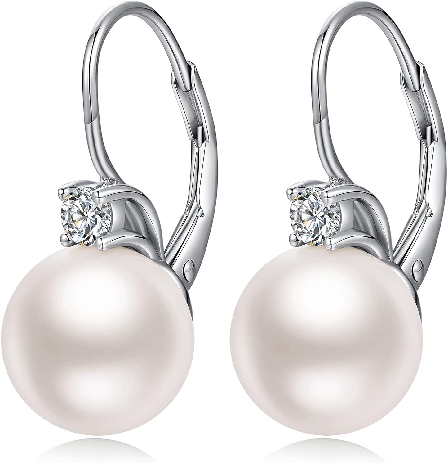 Jiamiao Sterling Silver Pearl Drop Earrings - 10Mm Black/Pearl and Diamond Dangle Leverback Earrings for Women