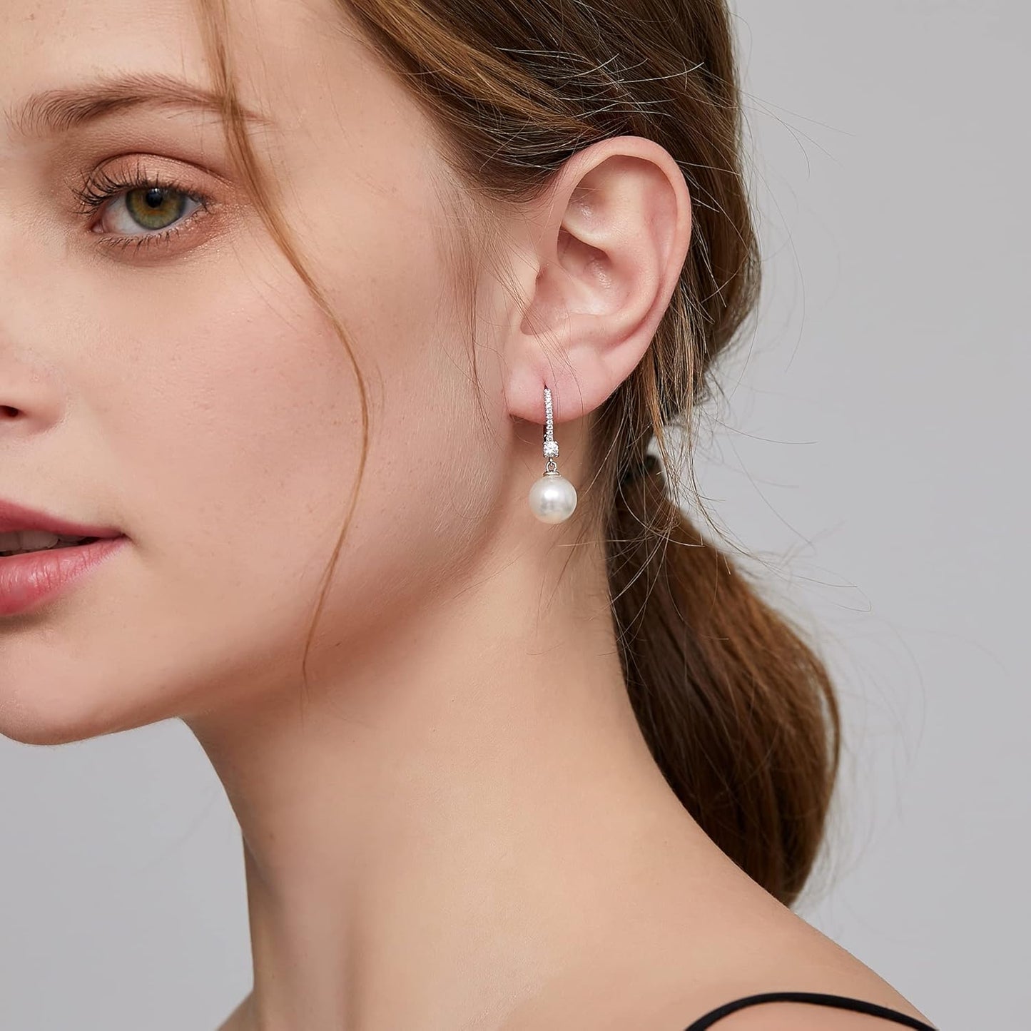 Jiamiao Sterling Silver Pearl Drop Earrings - 10Mm Black/Pearl and Diamond Dangle Leverback Earrings for Women