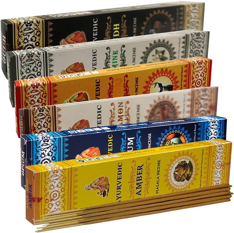 Ayurvedic Incense Sticks Variety Pack #4 and Ash Catcher Bundle with 6 Popular Fragrances