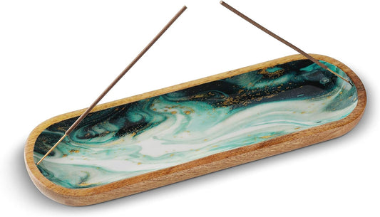 Incense Holder or Incense Burner, Modern Incense Holder for Sticks, Ash Catcher or Insence-Stick Holder for Home Décor, 12 Inch Long for Home Decor, Mango Wood, Green Agate