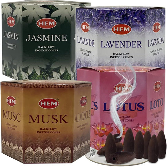 Incense Cones, 4 Sets of 40 Cones Each, Variety Pack (Jasmine, Lavender, Lotus, Musk) for Waterfall and Mat Bundle