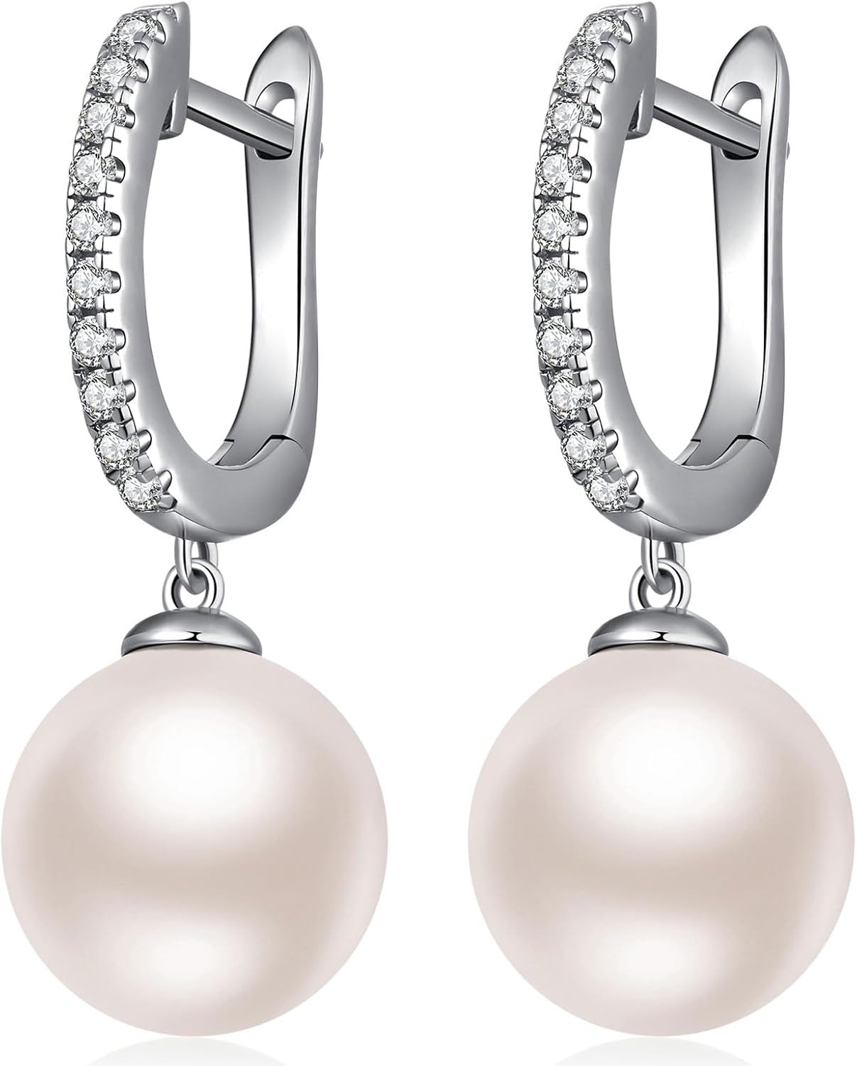 Jiamiao Sterling Silver Pearl Drop Earrings - 10Mm Black/Pearl and Diamond Dangle Leverback Earrings for Women