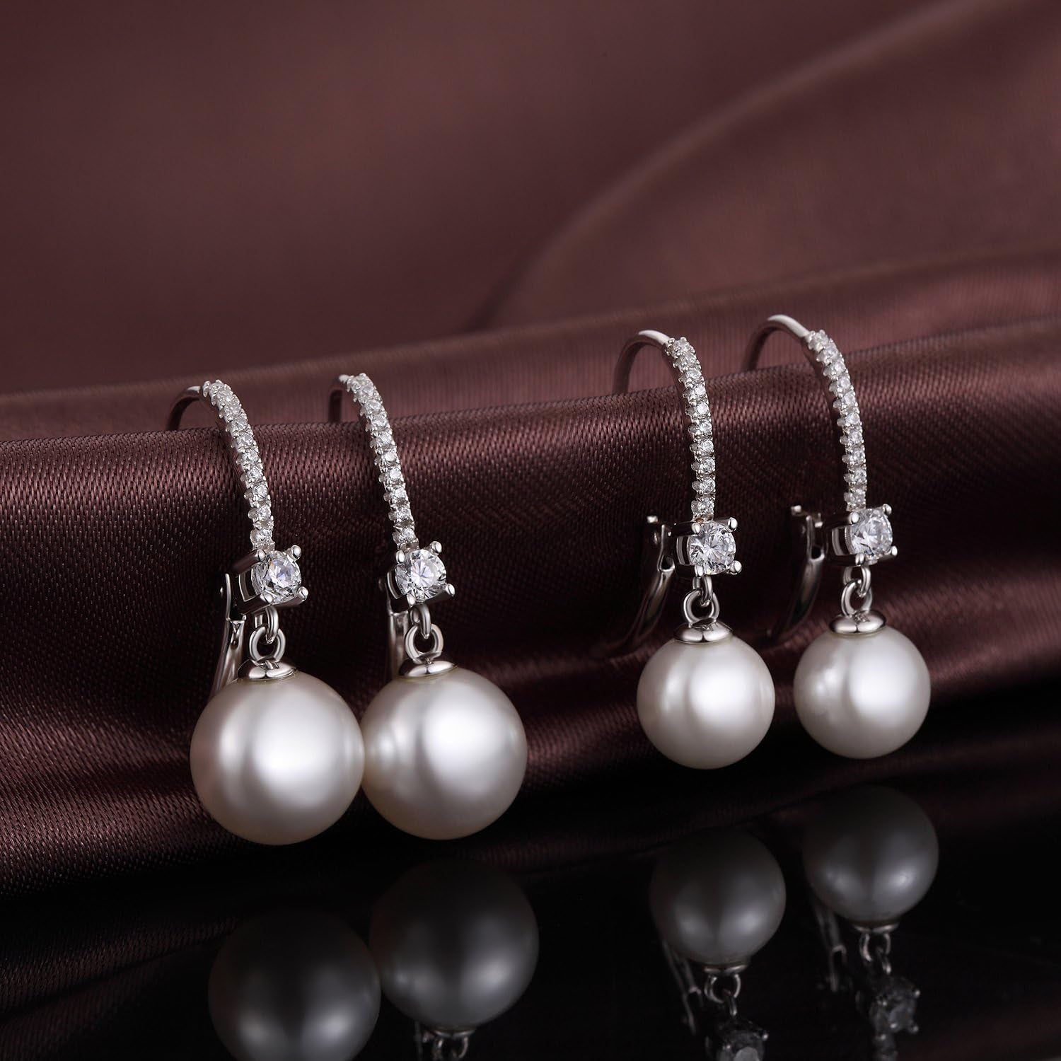 Jiamiao Sterling Silver Pearl Drop Earrings - 10Mm Black/Pearl and Diamond Dangle Leverback Earrings for Women