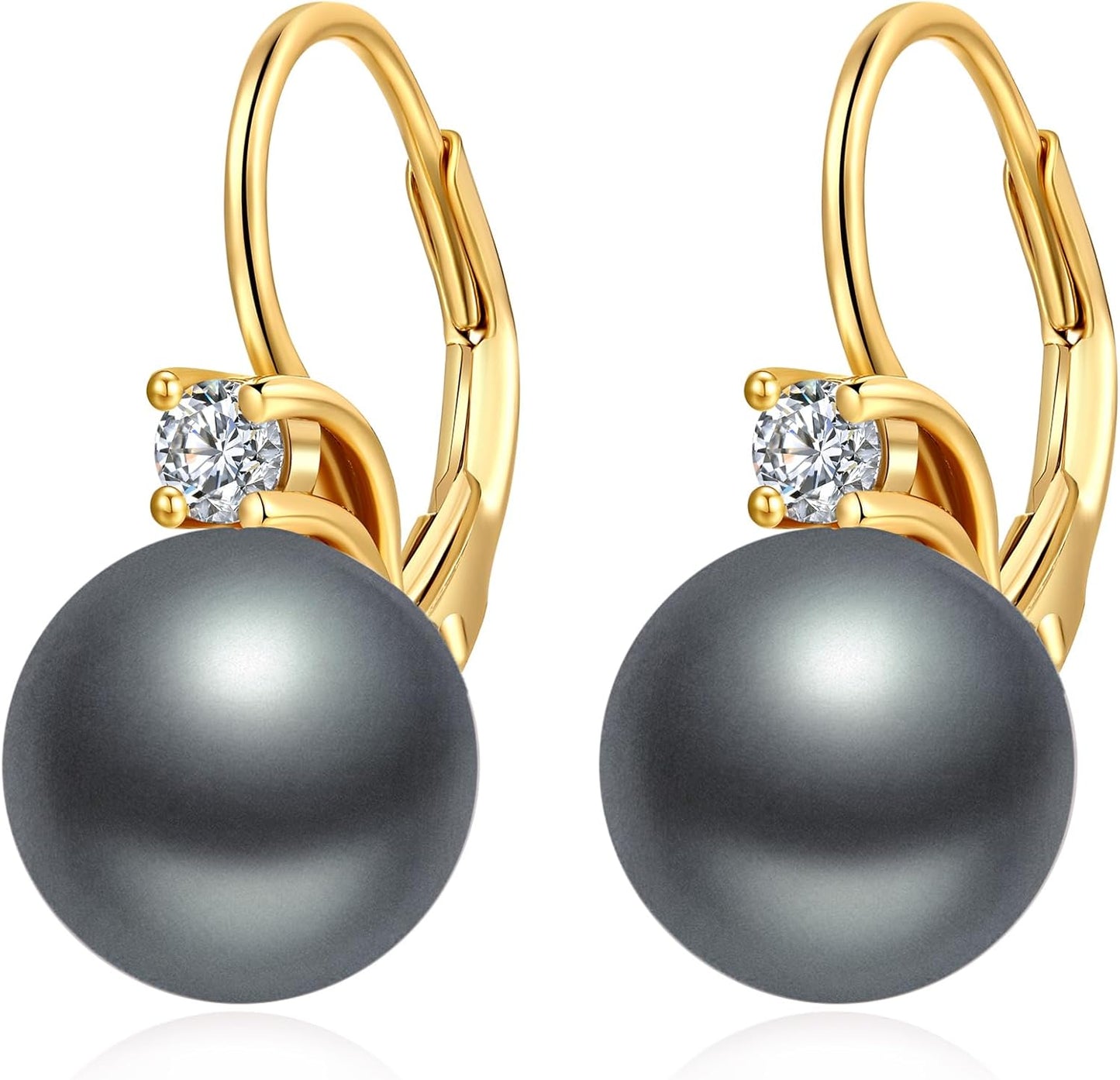 Jiamiao Sterling Silver Pearl Drop Earrings - 10Mm Black/Pearl and Diamond Dangle Leverback Earrings for Women