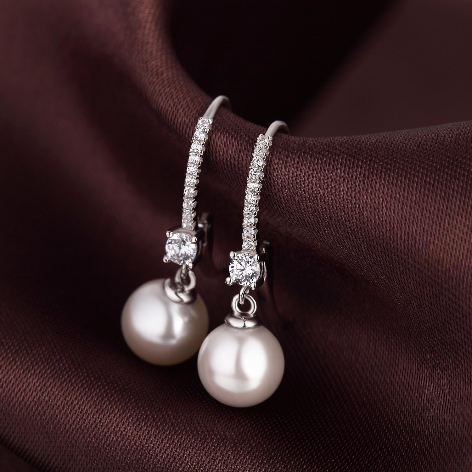 Jiamiao Sterling Silver Pearl Drop Earrings - 10Mm Black/Pearl and Diamond Dangle Leverback Earrings for Women