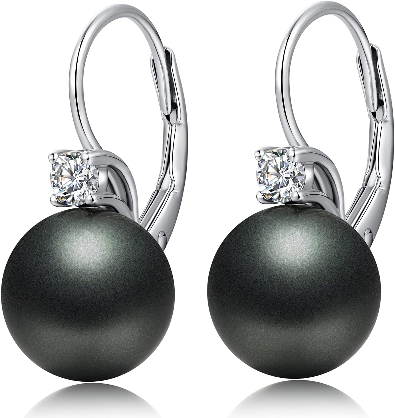 Jiamiao Sterling Silver Pearl Drop Earrings - 10Mm Black/Pearl and Diamond Dangle Leverback Earrings for Women
