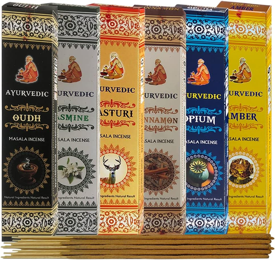 Ayurvedic Incense Sticks Variety Pack #4 and Ash Catcher Bundle with 6 Popular Fragrances